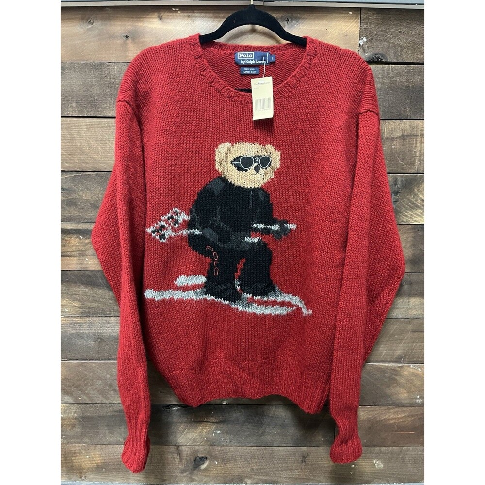 RARE Vintage Polo Ralph Lauren 90s Wool Hand Knit Red Bear Sweater Large Japan